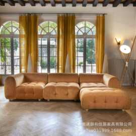 法式复古多人位转角模块沙发轻奢设计师小户型组合客厅拉扣豆腐块