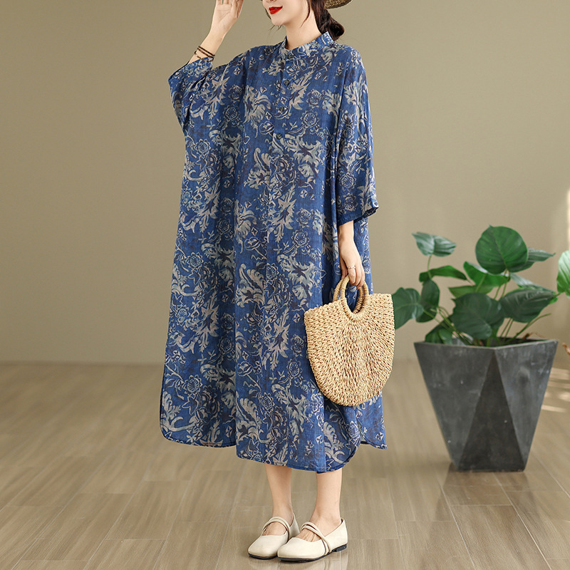 Autumn New Large-Size Foreign Trade Elegant Vintage Cotton-Linen Printed Stand-Collar Loose Long Vacation Dress