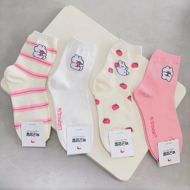 Spring Spot Women's Cotton Socks Warm Tone Strawberry Bunny Cartoon Girl Socks parkgoon Korean Socks