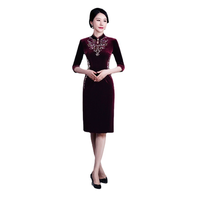 Мама весеннее платье с длинными рукавами платье высокого класса свадебный банкет женский средний и пожилой свадебный чонсам молодое платье