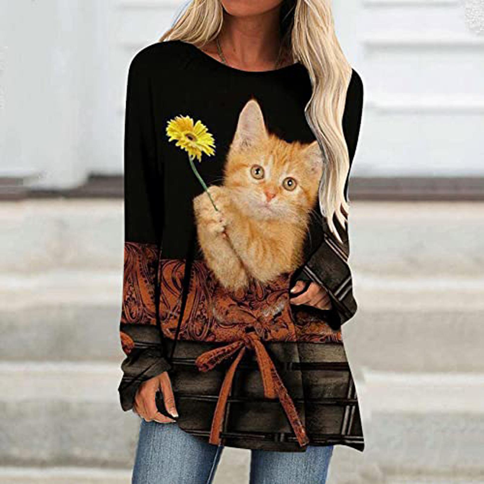 2024欧美女士圆领长袖T恤动物猫主题3D数码印花长袖连衣裙甜美