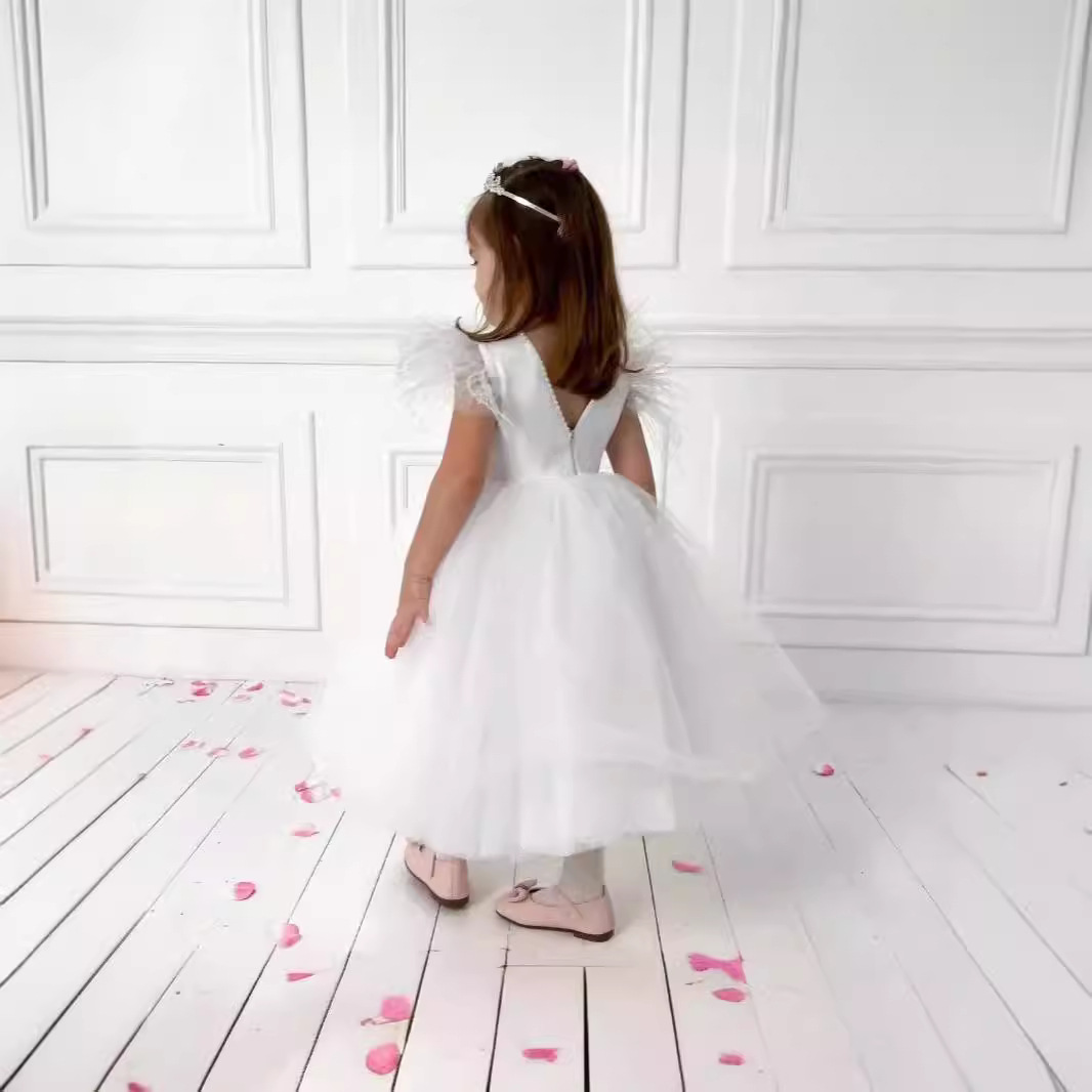 Abito da principessa per bambine Mother & Kids con maniche in tulle effetto piuma, costume da spettacolo, abito formale per bambina, abito da damigella d'onore._voghion.com