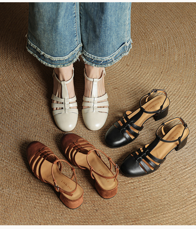 Sandal nữ da bò dệt rỗng mũi hở gót thô cao phong cách La Mã — màu nâu chi tiết 6