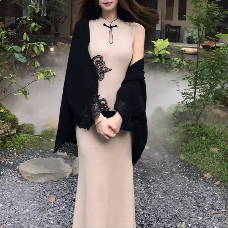2025初秋新中式无袖旗袍针织连衣裙长裙开衫两件套套装气质裙子潮|undefined