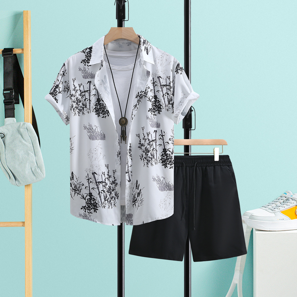 GF074 대나무 잎 검은 바지 세트