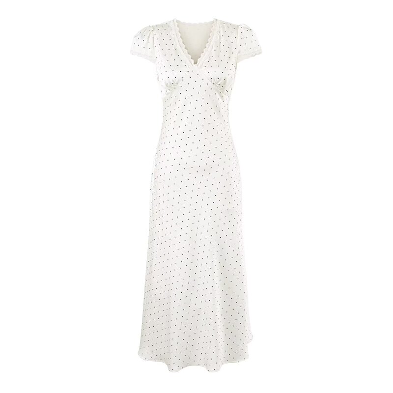 2025 New Summer Style Retro Polka Dot Waist Short-Sleeved Holiday Style Mid-Length Lace Deep V Neck Dress