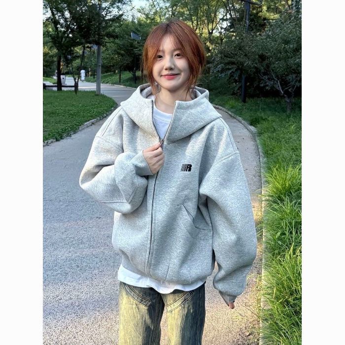 Early Autumn Gray Hooded Sweatshirt Jacket for Women Spring and Autum 2025 New Early Autum Korean Style Zipper Cardigan Top