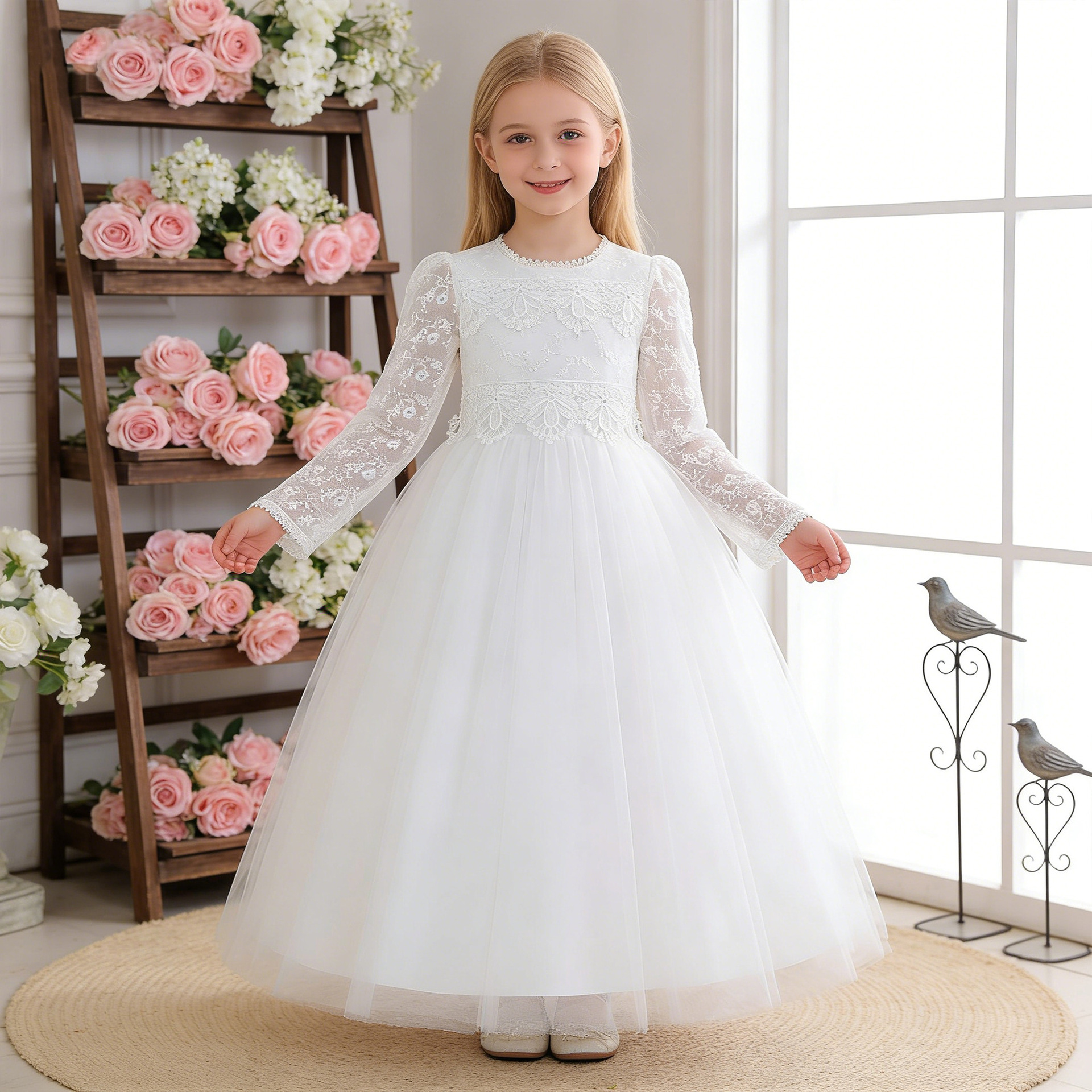 Fábrica al por mayor vestido de niños niñas flores de mangas largas encaje hueco malla de acero vestido vestido blanco vestido largo