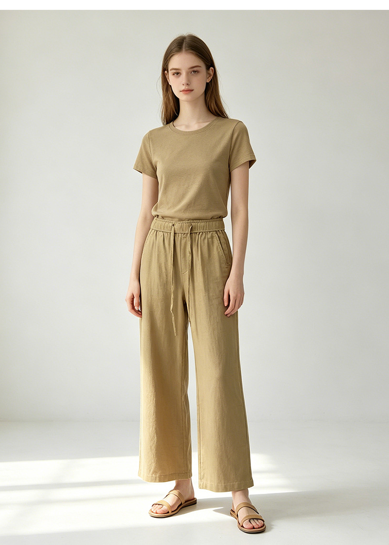 Quần culottes nữ ống rộng cạp cao vải lanh phối sợi tencel dáng suông ống thẳng — màu kaki chi tiết 16