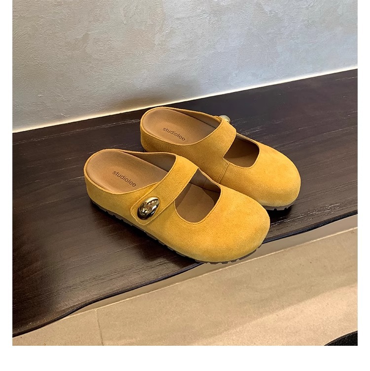 El nuevo estilo de verano de Grape Mom aumenta 5cm ~ Xiaojindou cabeza redonda suave linda Mary Jane suela gruesa media pantuflas mujer