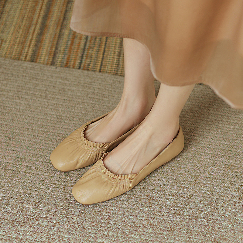 Giày ballet nữ đế bằng da bò mềm mũi tròn phong cách văn nghệ — Màu đỏ rượu