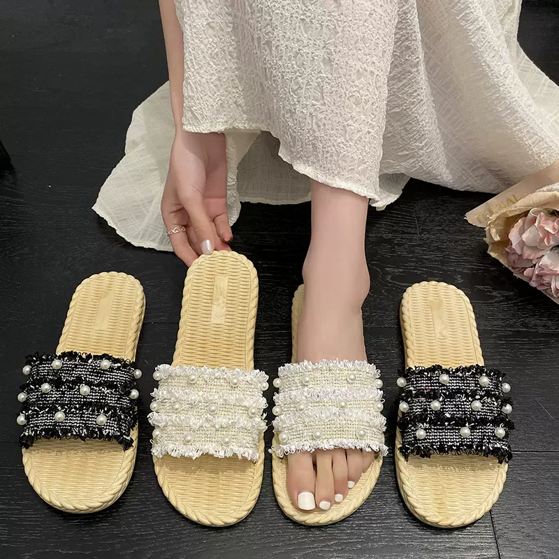 西双版纳夏季新款百搭网红珍珠平底一字拖凉拖鞋女时尚外穿批发