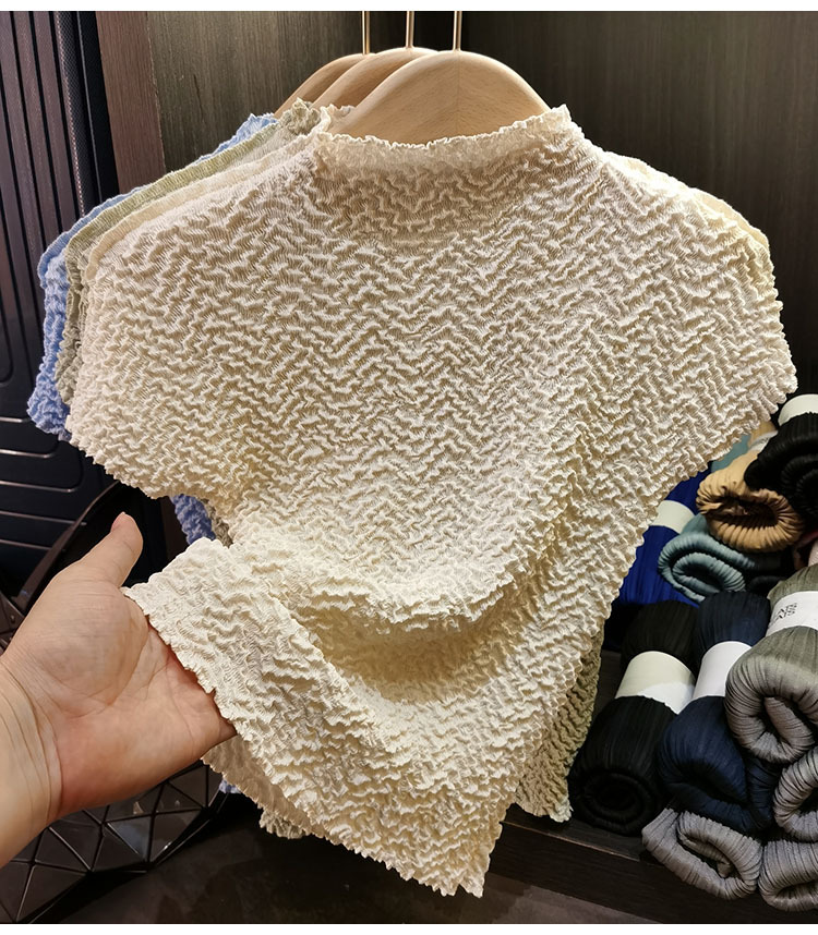 Áo thun nữ cổ tròn tay ngắn họa tiết dứa jacquard xếp ly mùa hè — Màu xanh lam nhạt, Màu xanh lục nhạt, Màu đen, Màu trắng be chi tiết 1