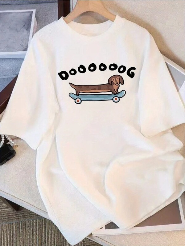 Women's Loose Shirt with Dachshund Skateboard Design, Soft Crew Neck Short-Sleeve Casual Top, Funny Cartoon Dog Clothing Women's Loose Shirt with Dachshund Skateboard Design, Soft Crew Neck Short-Sleeve Casual Top, Funny Cartoon Dog Clothing