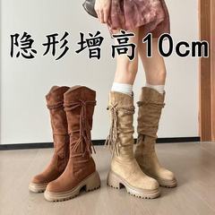 内增高西部牛仔靴子女秋废土风流苏褶皱骑士靴矮子乐不过膝长筒靴