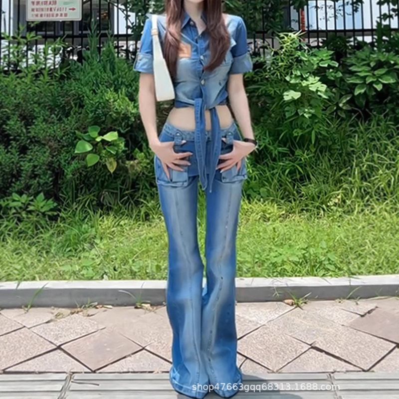 American Retro Blue Low-Waist Jeans for Women Spring and Summer New Sexy Millennium Style Y2K Sexy Bootcut Pants Suit