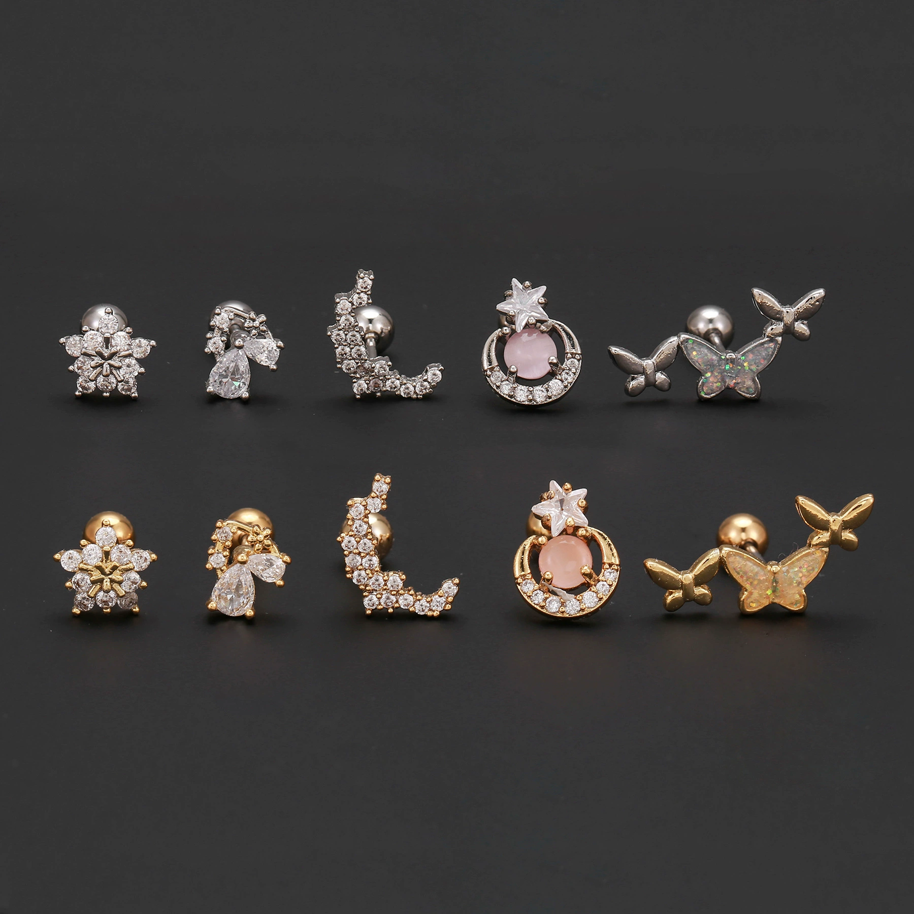 Spicy girl super cool mosaic vermiculite geometric super glittering ears rotten oil drip animal butterfly ear bone bone nail nail ear decoration wholesale