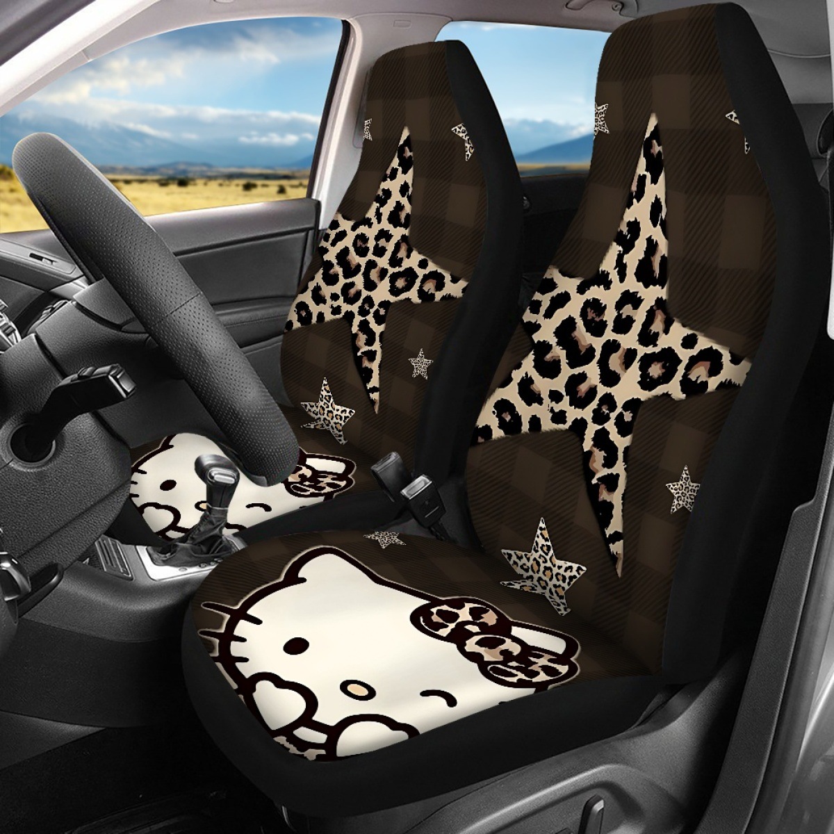 Custom-made car seat covers for independent online stores, featuring a coffee-colored leopard print and a Kitty cat design, to protect both the front and rear seats