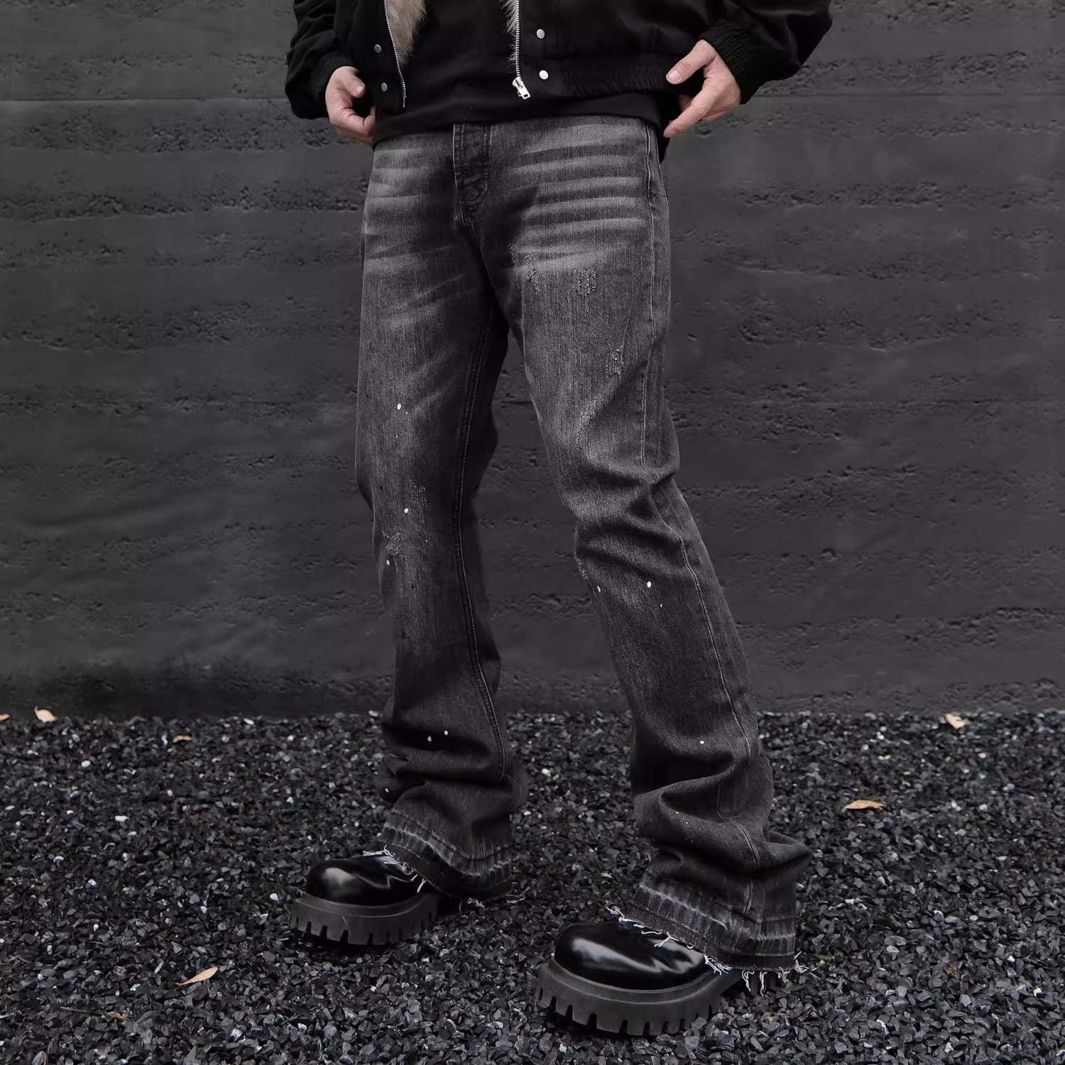 JDKZ Men's Retro Paris Style Ink Splashed Jeans High Street Trendy Brand Straight Leg Slightly Flared Raw Edge Trousers_voghion.com