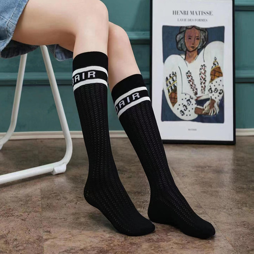 Striped women's mesh hollow knitted spring and autumn mid-length calf socks autumn Internet celebrity thin D family letter socks ins trend