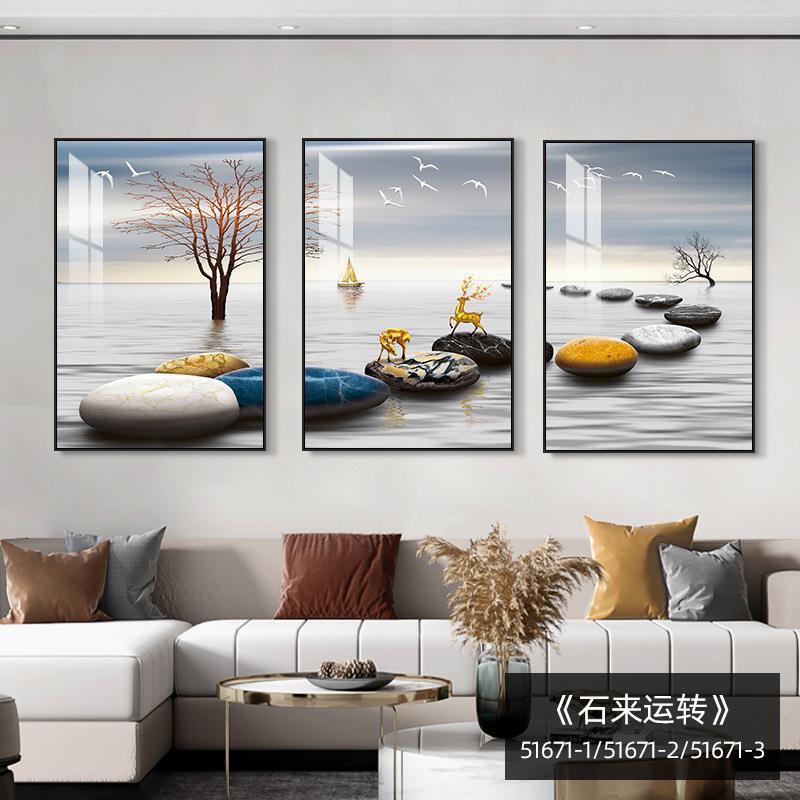 简约大气沙发背景墙聚宝盆山水画酒店宾馆客厅装饰画中式画福鹿|undefined