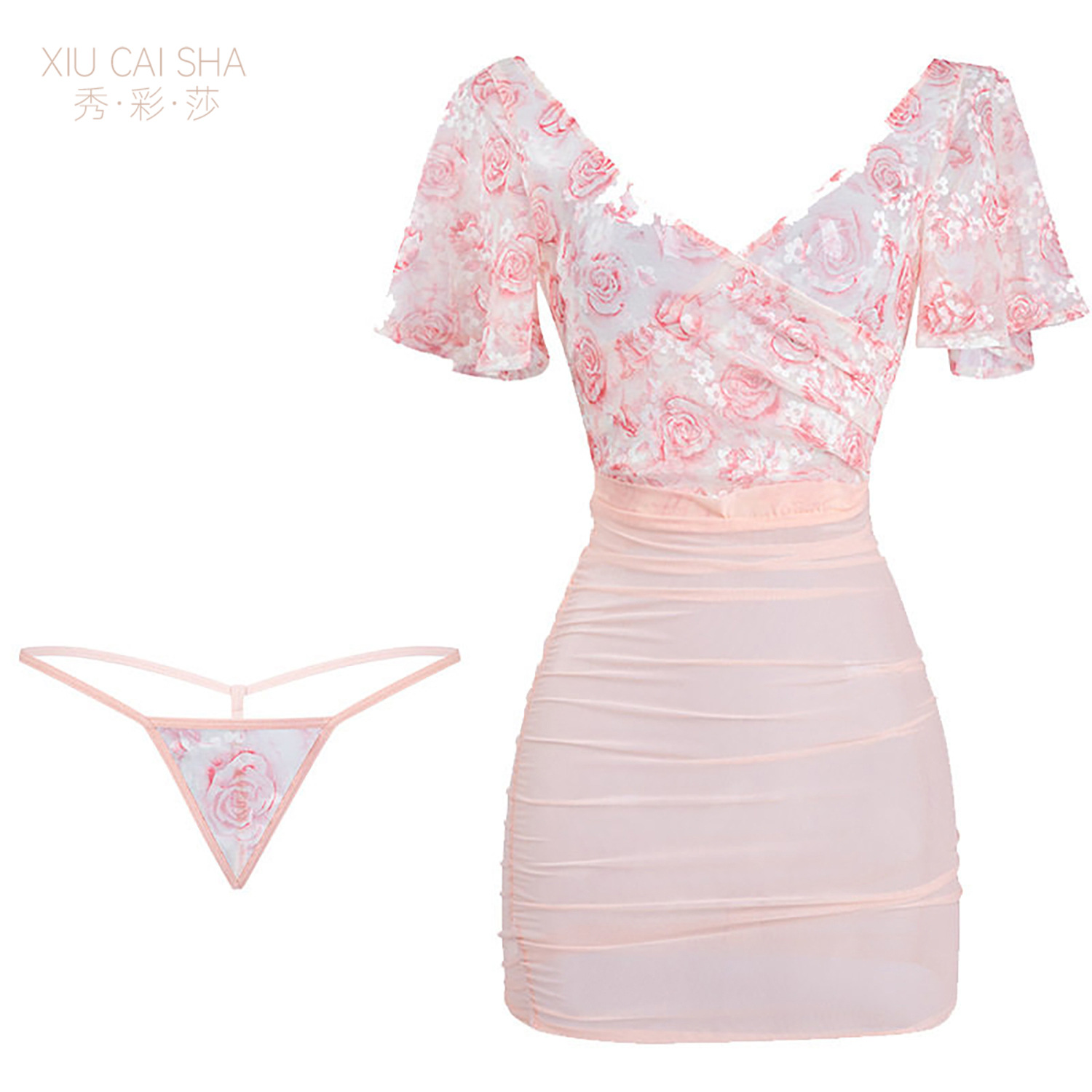 Xiu Cai Sha Deep V Backless Lingerie Set with Floral Nightgown and Cat Ear Headband — detail image 21