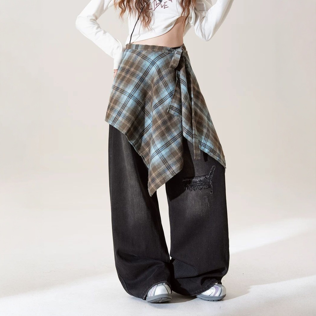 Detachable Plaid Butt Curtain Skirt for Women with Retro Design Irregular Lace-Up Skirt