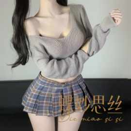 蝶妙思丝性感内衣套装学生jk超短百褶裙长袖低领毛衣格子制服A539