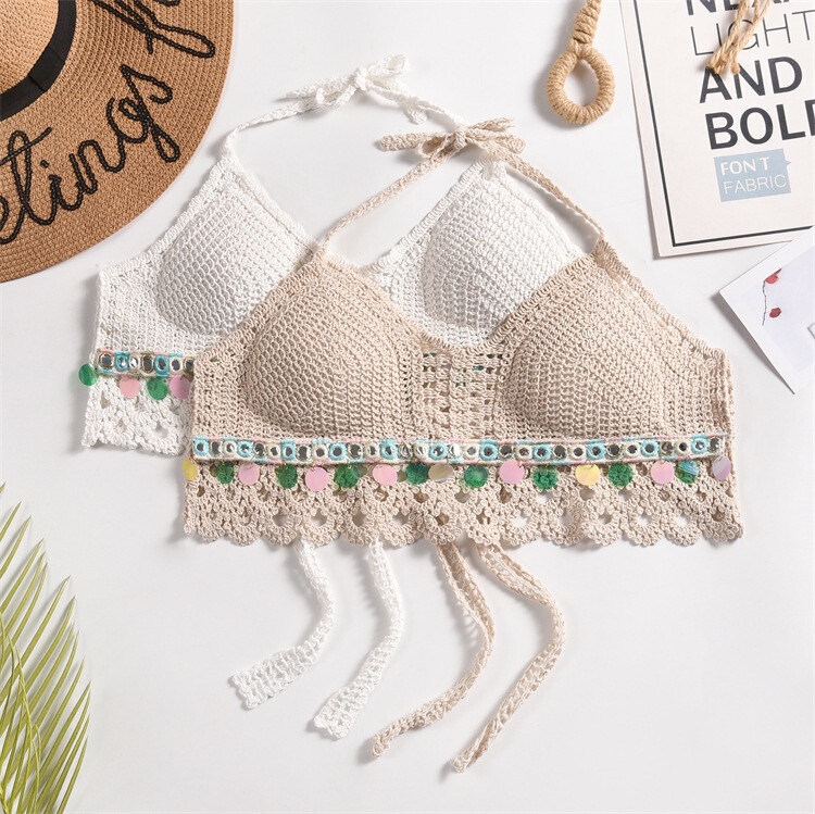 2023 new camisole halter inner exposed shoulder strap chest pad backless hollow tube top embroidered short vest 2023 new camisole halter inner exposed shoulder strap chest pad backless hollow tube top embroidered short vest