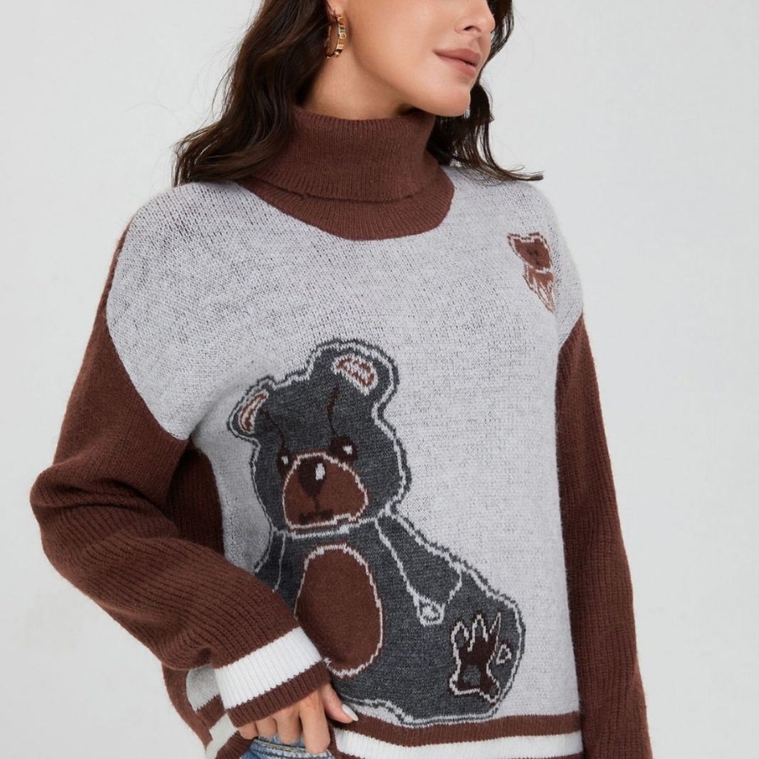 Women's Clothing New Knitted Retro Contrast Color Jacquard Cartoon Bear Pattern Turtleneck Sweater Long Sleeve Top_voghion.com