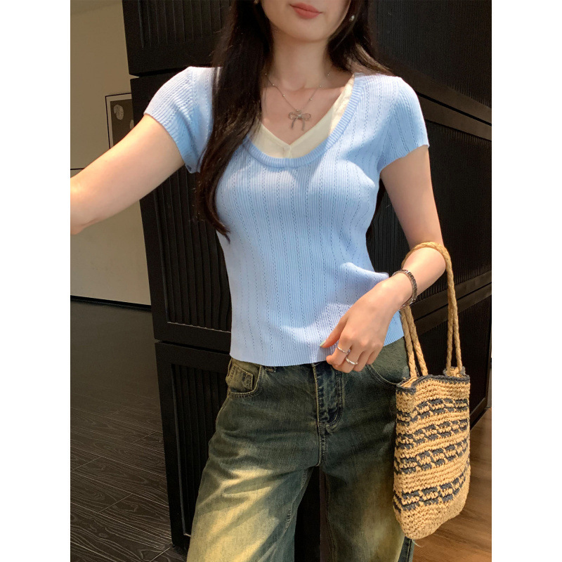 Stylish and Beautiful T-Shirt with a Fake Two-Piece Design, Very Attractive V-Neck Yellow Short-Sleeve Knit Top, Unique and Beautiful Summer Top