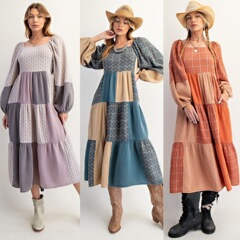 Amazon 25 秋の新クロスボーダーヨーロッパとアメリカの服プリントチェック柄スクエアネック長袖ドレス女性のためのルーズロングスカート