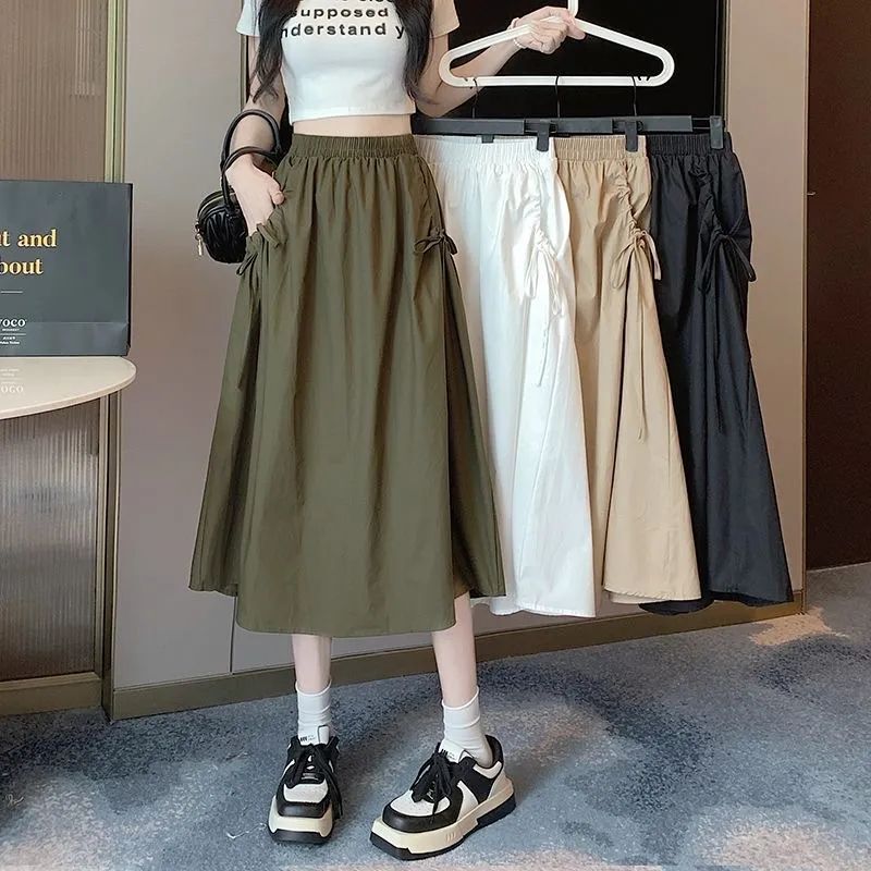 Small Women's Drawstring Workwear Skirt Summer High Waist Covering Span Slimming Mid-length A- line Skirt Large Swing Umbrella Skirt