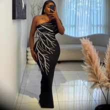 欧美2025秋季新款性感单肩长袖钉珠优雅镶钻绷带长连衣裙派对礼服