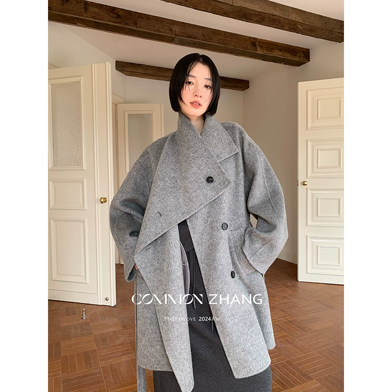 Зимняя лента ZHANG Loose High Neck Wind Lace-up Waist Double-Side Wool Wool Coat Women's A49057-1