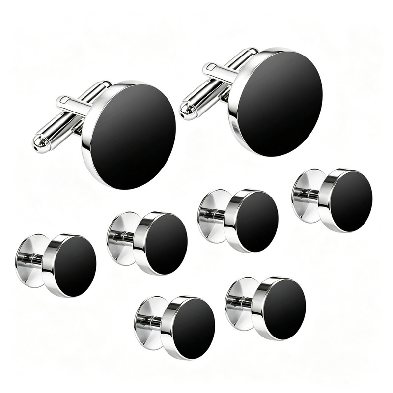 8-Piece Set of Round Cufflinks, New Cross-Border Style, Black Lacquered Cufflinks, Eight-Piece Set for Tuxedo, French Shirt, and Suit