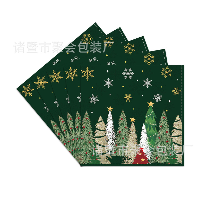 跨境新款松树圣诞节派对用品复古印花一次性桌布pe红绿色餐具套装|undefined