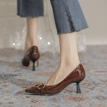 2135-1秋冬新款法式復古棕色高跟鞋純色時尚羊皮女鞋方頭細跟單鞋