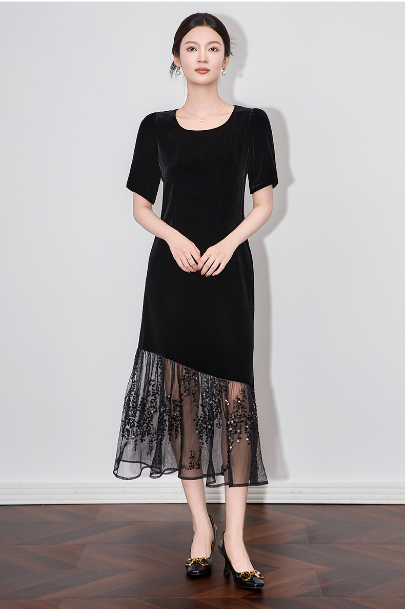Đầm maxi nữ thắt eo phối lưới đính sequin và nhung — Màu đen chi tiết 6