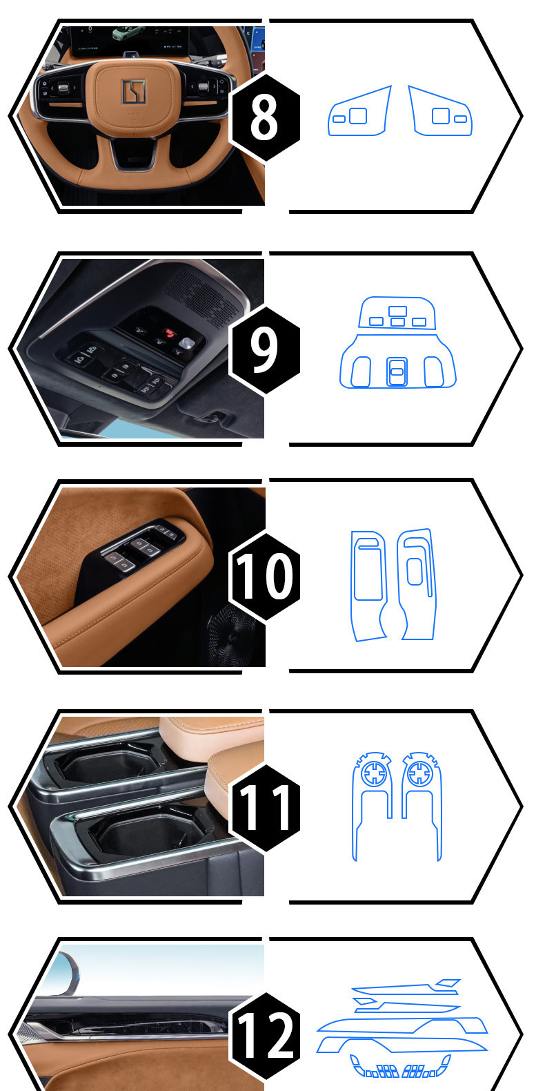 26 types of interior protective films for Zeekr 009, including instrument and navigation screen film, center pillar, center grille, wheel hub, and center console film