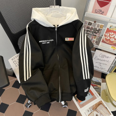 レトロなつなぎ合わせの3本のバーと帽子の衛衣の男女の新型の2024春秋のファスナーの野球服のカーディガンのジャケットのコート