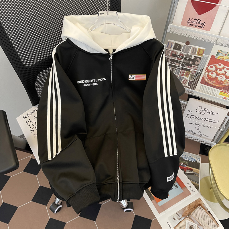 レトロなつなぎ合わせの3本のバーと帽子の衛衣の男女の新型の2024春秋のファスナーの野球服のカーディガンのジャケットのコート|undefined