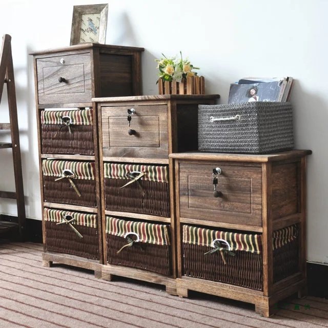 Mayorista retro madera maciza moderna simple 40CM mesita de cabecera estilo pastoral americano tela de caña almacenar armario de almacenamiento completo
