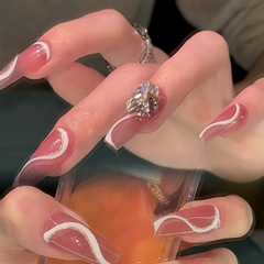 Pink Handmade Wearable Nails, Sleek & Alluring Line Design Jelly Gel Nail Tips—European and American-Style Fake Nail Stickers, Ready-to-Use.