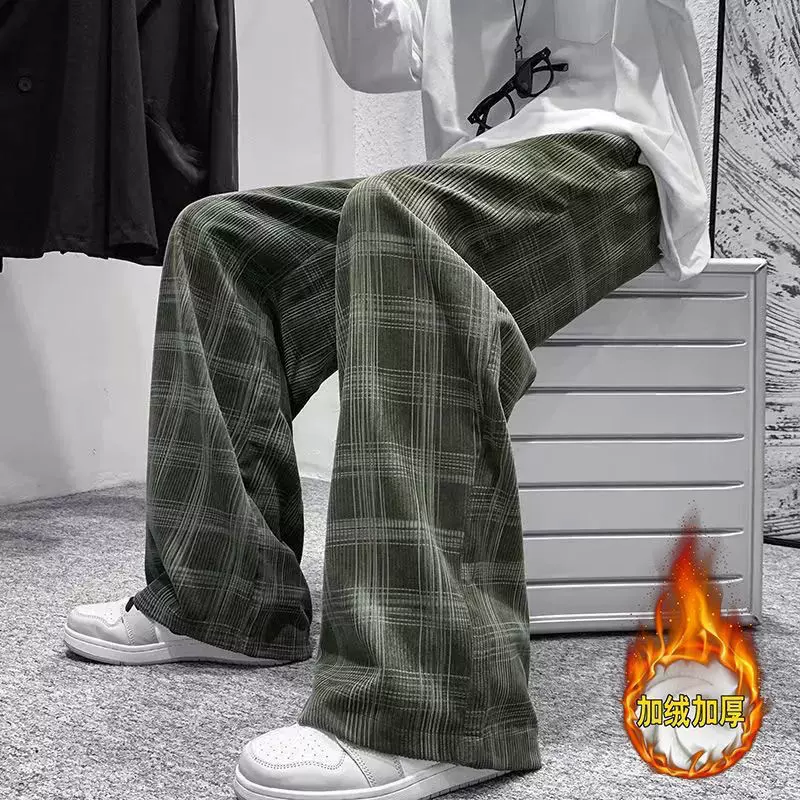 格子休闲裤男春秋韩版潮流直筒拖地裤复古港风舒适宽松百搭阔腿裤