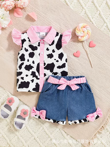 Summer New Children's Laps Plaid Dairy Cow Print Shirt Bow Lace Denim Shorts suit