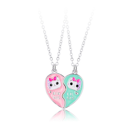 Cross-border new product children's necklace cartoon love pink and green big sister and little sister alloy dripping oil necklace set wholesale