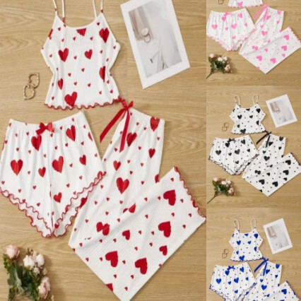 Foreign Trade European and American Cross-Border Home Wear Knitted Ribbed Heart Print Sweet Camisole Shorts Pure Desire Pajamas Three-Piece Set Foreign Trade European and American Cross-Border Home Wear Knitted Ribbed Heart Print Sweet Camisole Shorts Pure Desire Pajamas Three-Piece Set
