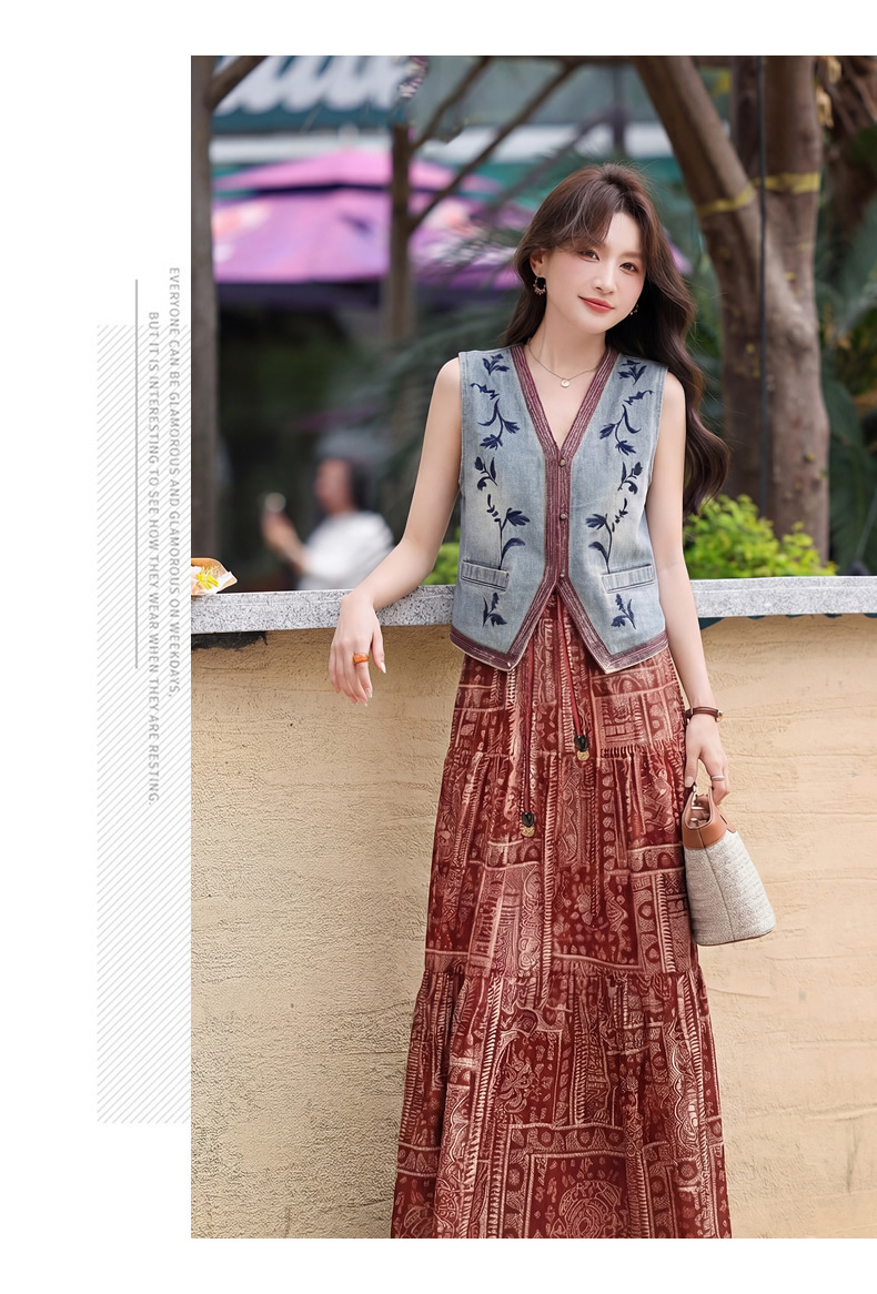 Set áo vest ren và chân váy midi hai mảnh nữ tính họa tiết thêu hoa — màu đỏ chi tiết 15
