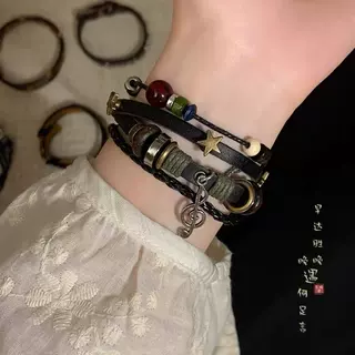 文艺复古音符吊坠皮质手环女个性设计多层叠戴手链小众设计手饰潮